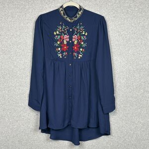Womens Embroidered Tunic Top OS Long Sleeve Band Collar Empire Button Front Boho